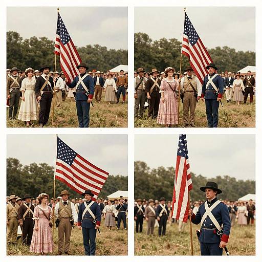 Photograph collage of a Civil War reenactment: Union soldier in blue uniform and black hat holds large American flag, surrounded by civilians and other
