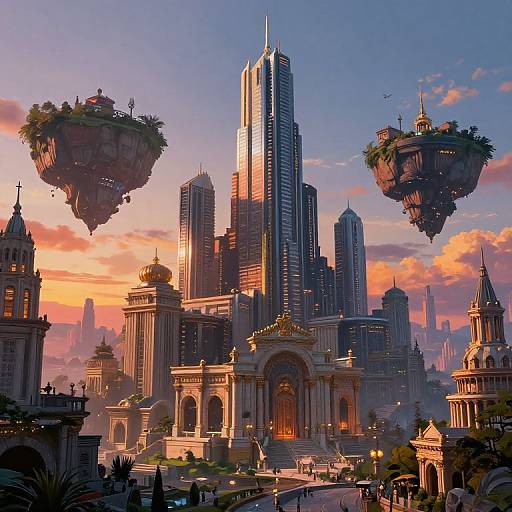 Digital fantasy cityscape at sunset with floating gardens, towering skyscrapers, grandiose architecture, and vibrant colors, blending futuristic and classical styles.