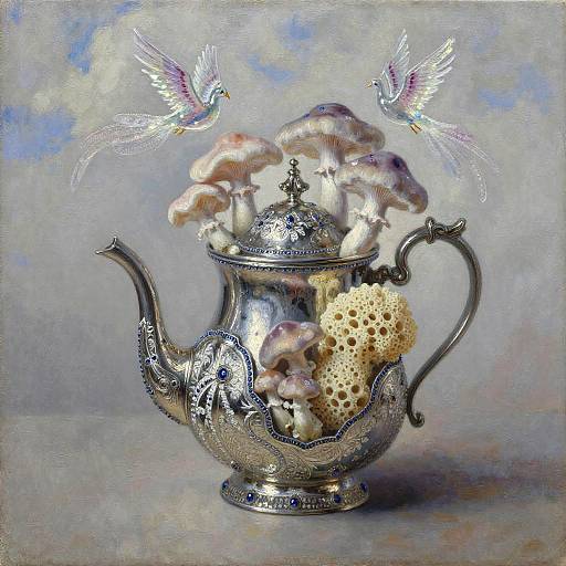 Antique Silver Teapot with Glass Phoenixes