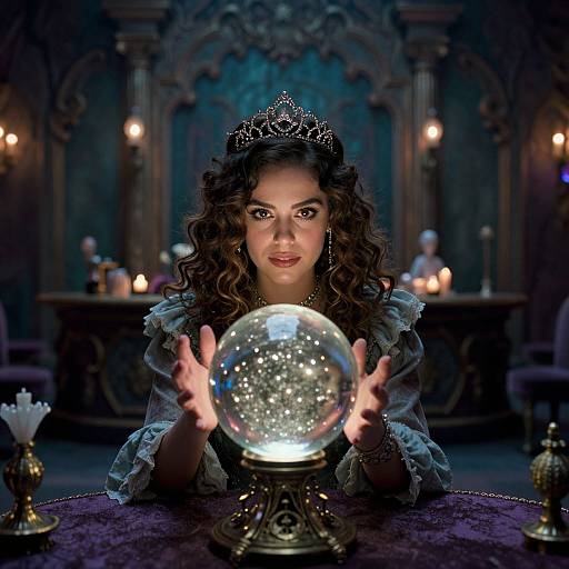 Photograph of a dark-haired woman with curled hair, wearing a silver tiara and ruffled blue dress, holding a glowing snow globe in a dim