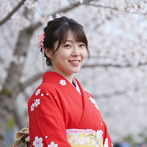 Photograph of a smiling Asian woman in a vibrant red kimono with white floral patterns, adorned with a pink hairpin, standing against a blurred backdrop