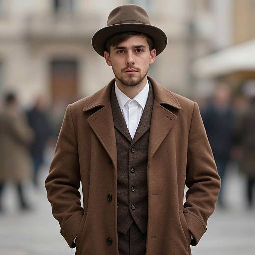 Photograph of a young man with dark hair and beard, wearing a brown hat, brown three-piece suit, and white shirt, standing in a blurred