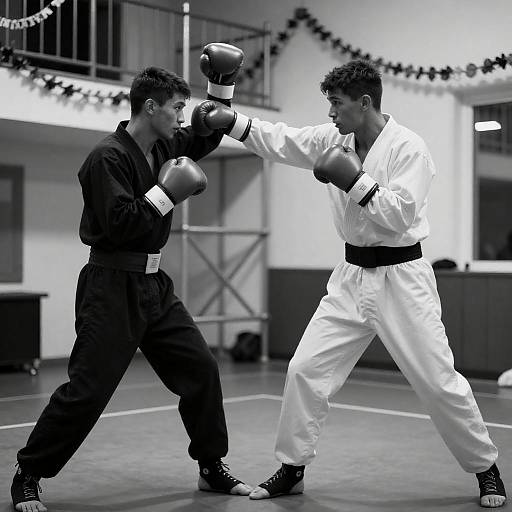 Two Men Boxing in Martial Arts Gym