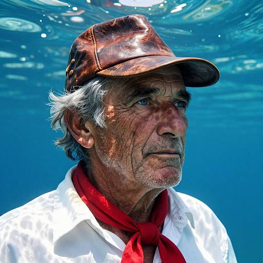 Photograph of an elderly man with weathered skin, gray hair, and a brown leather cap, wearing a white shirt and red tie, underwater with