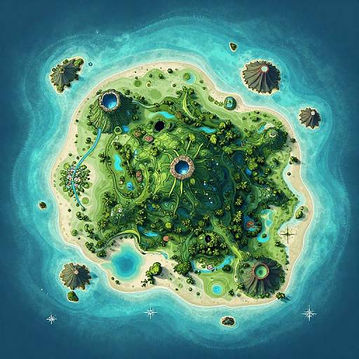 Digital illustration of a vibrant, glowing island with lush greenery, blue water, and shell-like structures surrounded by a radiant blue aura.