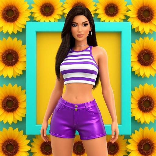 Digital artwork of a young woman with long black hair, wearing a white and purple striped crop top and purple shorts, standing in front of a sunflower