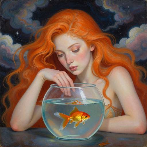 Fantasy painting of a pale-skinned, red-haired woman with long, wavy hair, gently touching a goldfish in a clear bowl, set