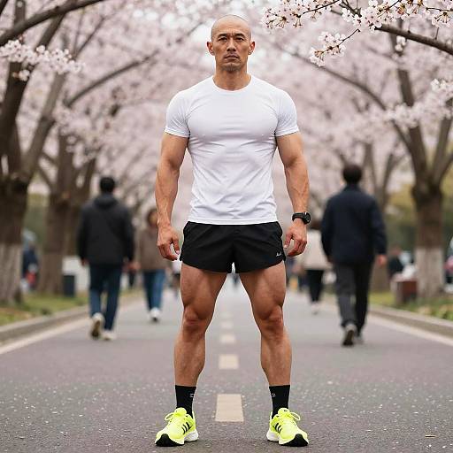 Photograph of a muscular bald man in white shirt, black shorts, neon green shoes, standing on a cherry blossom-lined path.