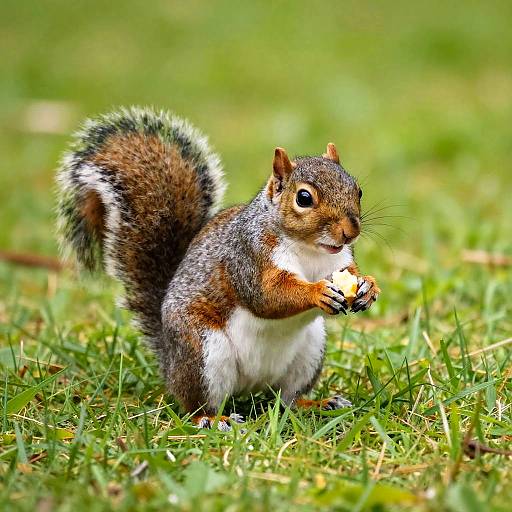 Photograph of a small, brown and white squirrel with a bushy, black, white, and brown tail, eating a nut on green grass.
