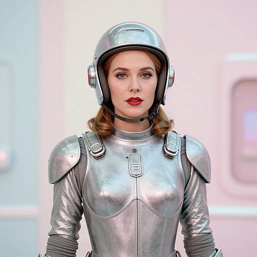 Photograph of a woman with fair skin, red lipstick, and brown hair in a vintage-style silver spacesuit and helmet, standing in a brightly lit