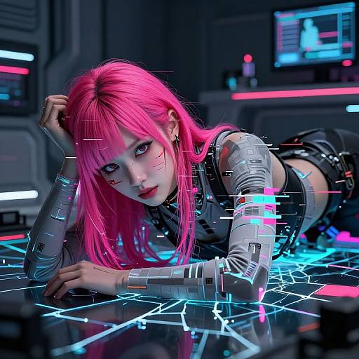 Digital artwork of a pink-haired woman with cyberpunk aesthetics, lying on a neon-lit floor, wearing a metallic crop top and black leather shorts,