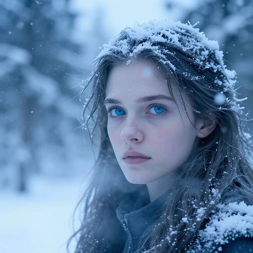 Photograph of a young woman with striking blue eyes, snowy hair, and a winter coat, set in a snow-covered forest.