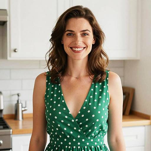Photograph of a smiling woman with wavy brown hair, wearing a green polka dot dress with a deep V-neck, standing in a bright,