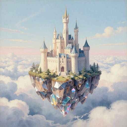 Digital illustration of a floating, crystal-encrusted castle with multiple towers, surrounded by clouds and greenery, set against a bright blue sky.