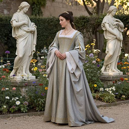Photograph of a dark-haired woman in an elegant, silver-gray Renaissance-style gown, standing between two white classical statues in a lush garden with colorful flowers