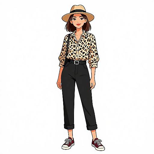 Digital anime-style illustration of a young woman with short brown hair, wearing a beige hat, leopard-print blouse, high-waisted black pants, and