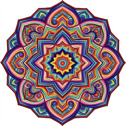 Vibrant, intricate digital mandala with colorful, symmetrical patterns in bold blues, reds, yellows, and oranges, featuring star and