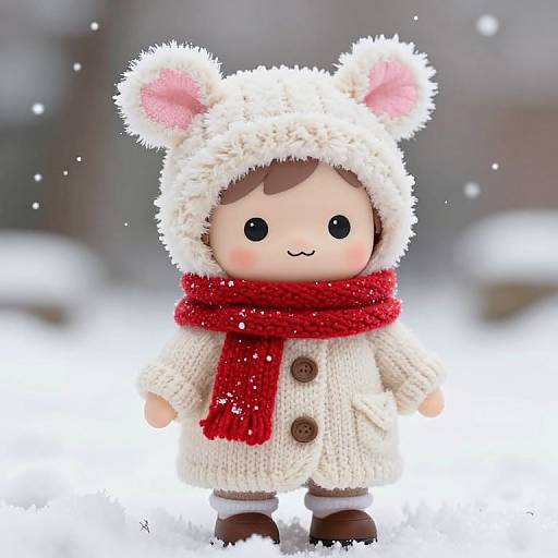 Cute doll in white knitted bear hat and red scarf, standing in snowy forest. Snowflakes falling, blurred background, bright colors.