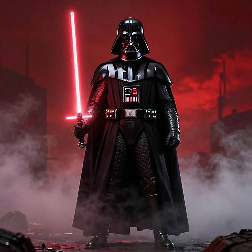 Photorealistic CGI of Darth Vader holding a glowing red lightsaber, standing in a smoky, red-lit industrial background.