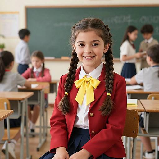 Photograph of a smiling young girl with braided brown hair, wearing a red blazer, yellow bow, and white shirt, seated in a classroom