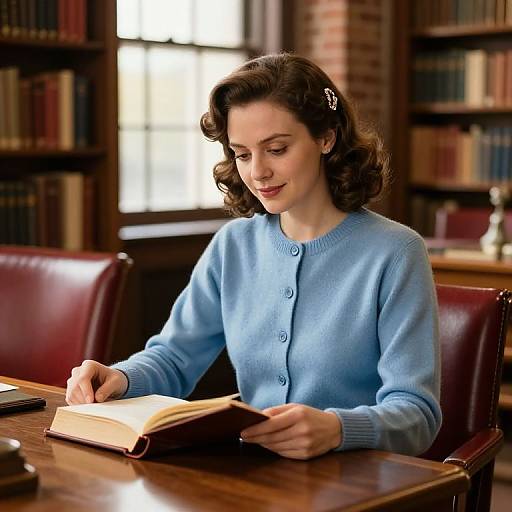 Photograph of a fair-skinned, dark-haired woman in a vintage blue cardigan, reading an open book in a library.