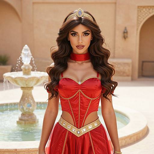 Photorealistic digital image of a beautiful woman with long dark hair, wearing a red, gold-accented princess costume, crown, and choker