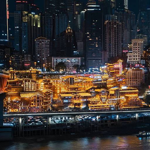Nighttime Metropolis with Illuminated Bridge