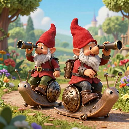 Digital illustration of two gnomes with red hats, white beards, and brass snail shells, wearing red jackets and black belts, using bin