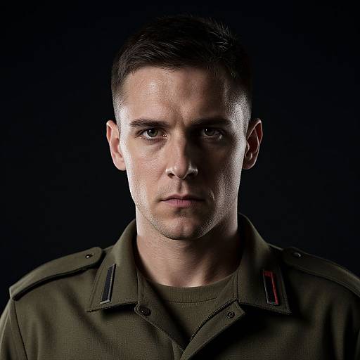 Photograph of a serious, handsome Caucasian man with short dark hair, wearing a dark green military-style uniform, against a black background.
