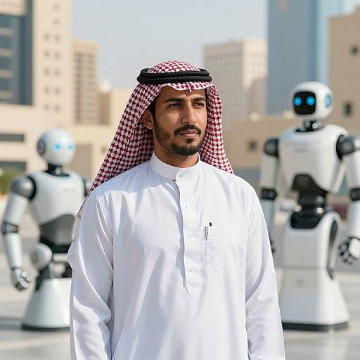 Photograph of a Middle Eastern man in a white thobe and red-checkered kufi, standing in front of two white robots, urban background