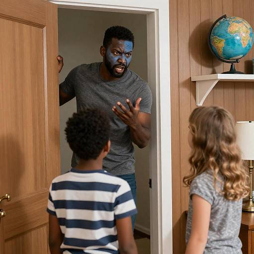 Tense Moment Capture in Wood-Paneled Room