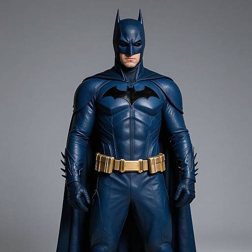 Photograph of a muscular man in a dark blue, leather Batman suit with gold belt, bat emblem, and pointed ears.