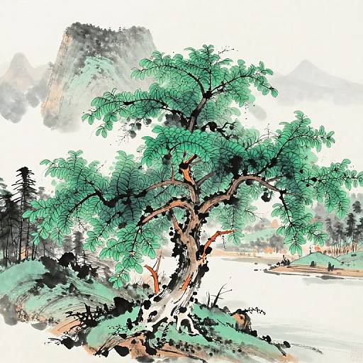 Ancient Chinese Landscape with National Tree