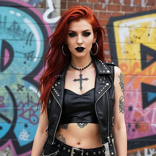 Gothic punk woman with red hair, black lipstick, cross tattoo, leather vest, and choker, standing in front of colorful graffiti wall. Phot