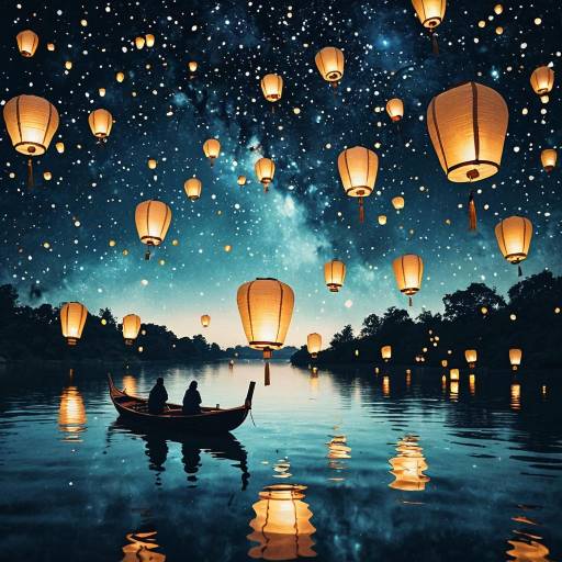 Floating Lanterns Over Water at Night
