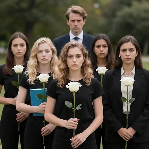 Serious Women in Black with Flowers