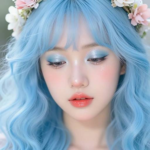 Photograph of a fair-skinned woman with vibrant blue wavy hair, wearing a floral headband, blue eyeshadow, and red lipstick,