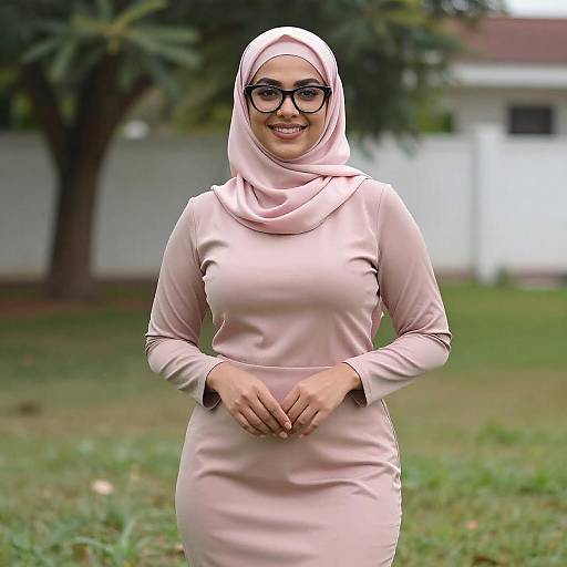 Smiling Woman in Pink Satin Hijab