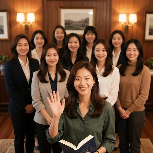 Group of Asian Women in Wood Paneled Room