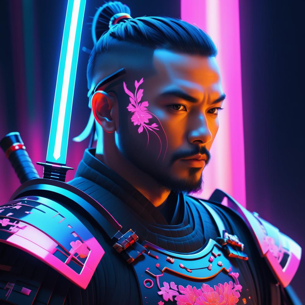 Cyborg Samurai Portrait with Glowing Katana