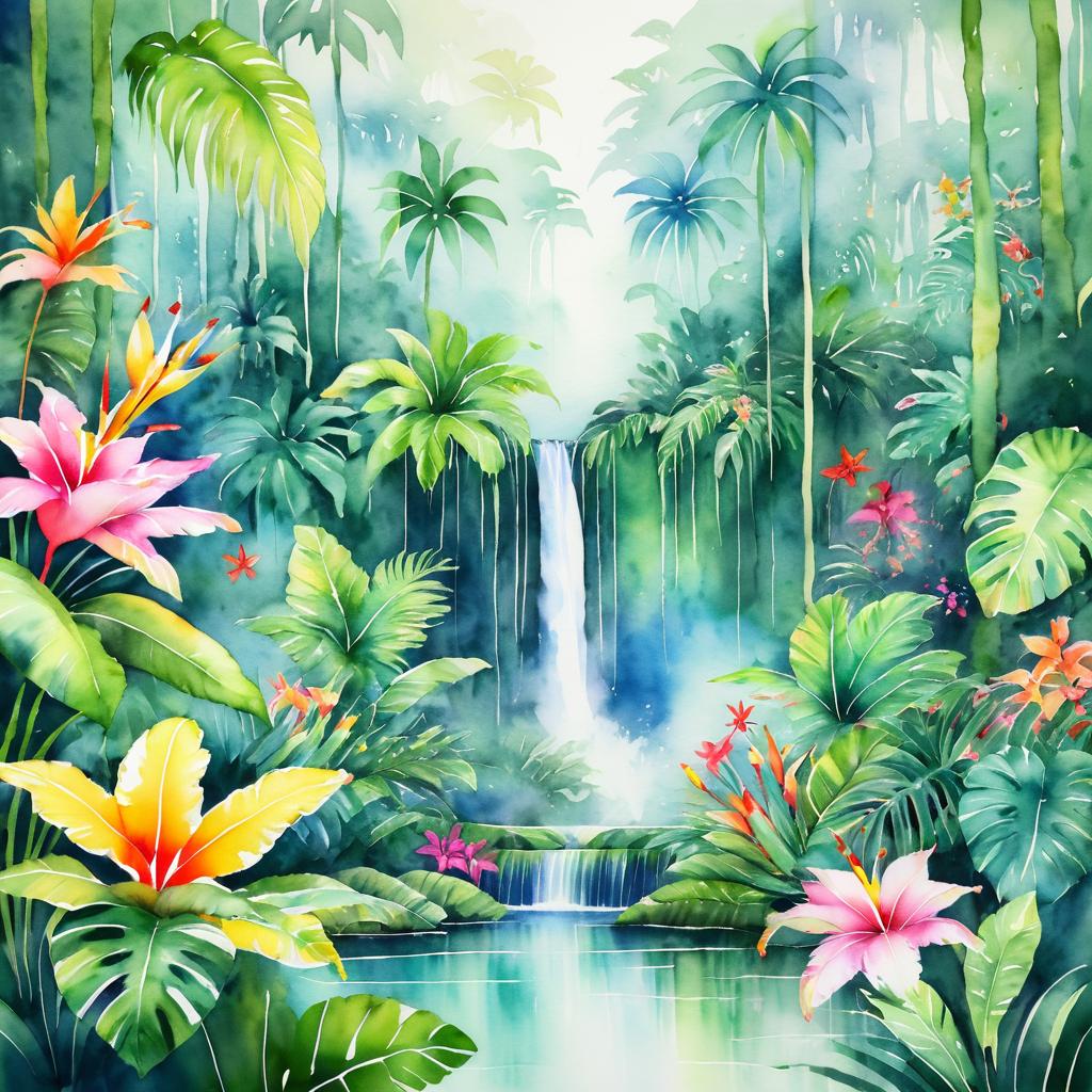 Lush Tropical Rainforest Watercolor Scene