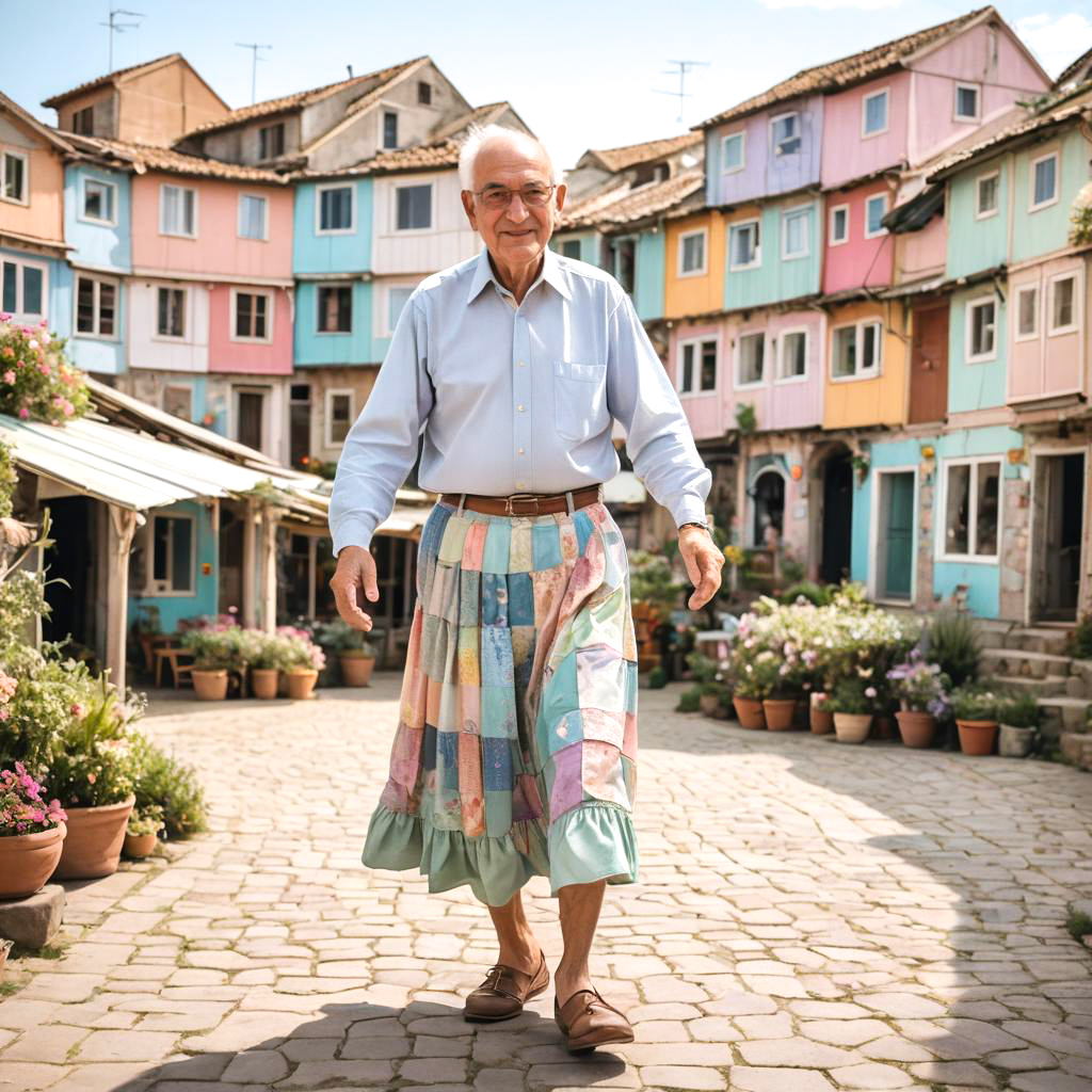 Elderly Gentleman in Boho Patchwork Skirt