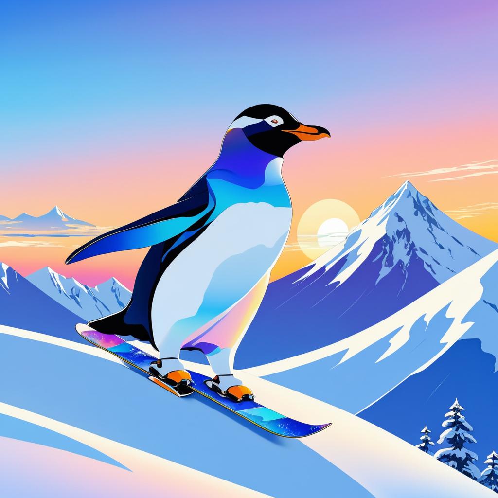 Snowboarder Penguin in Ukiyo-e Style