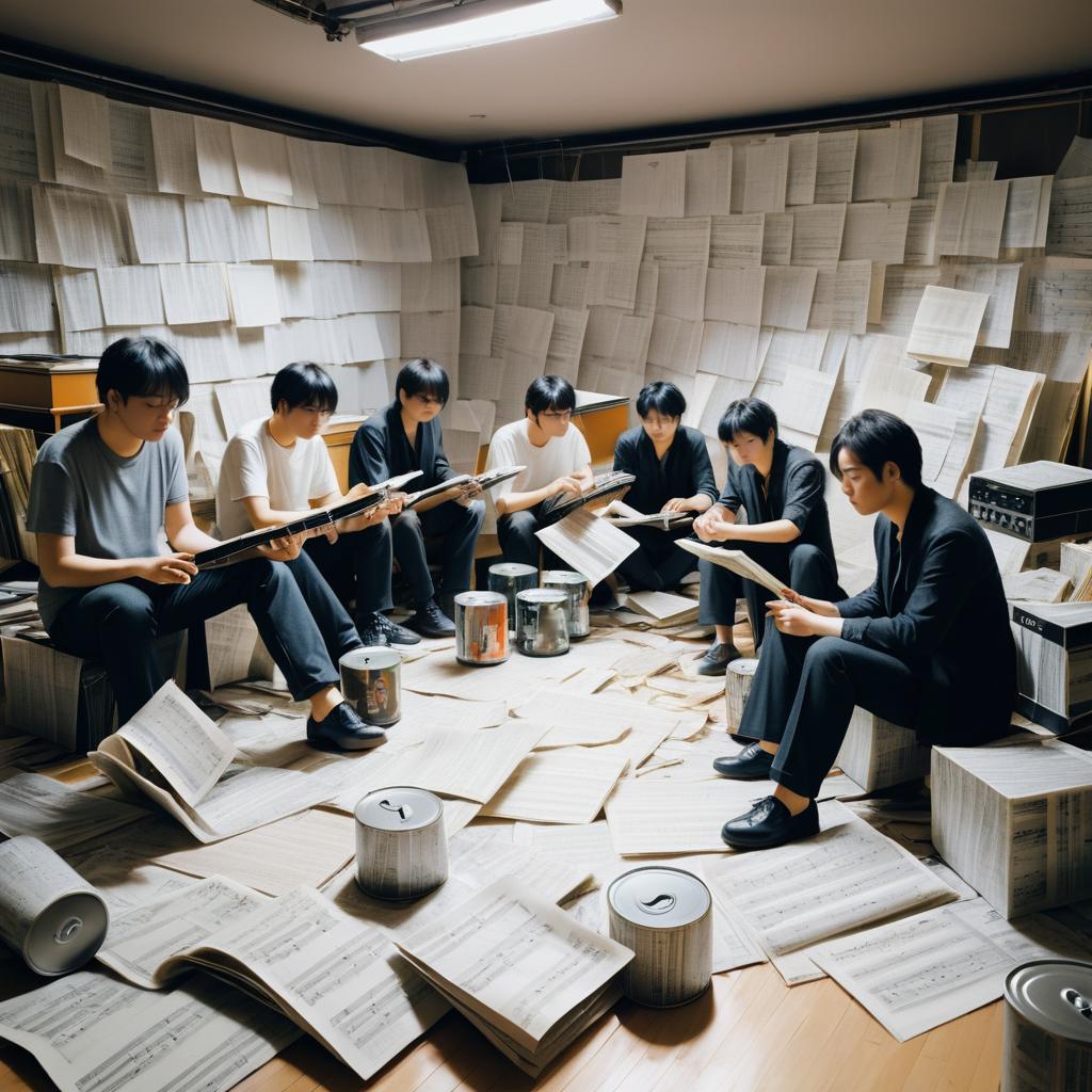 Somber Musicians in Cluttered Rehearsal Space