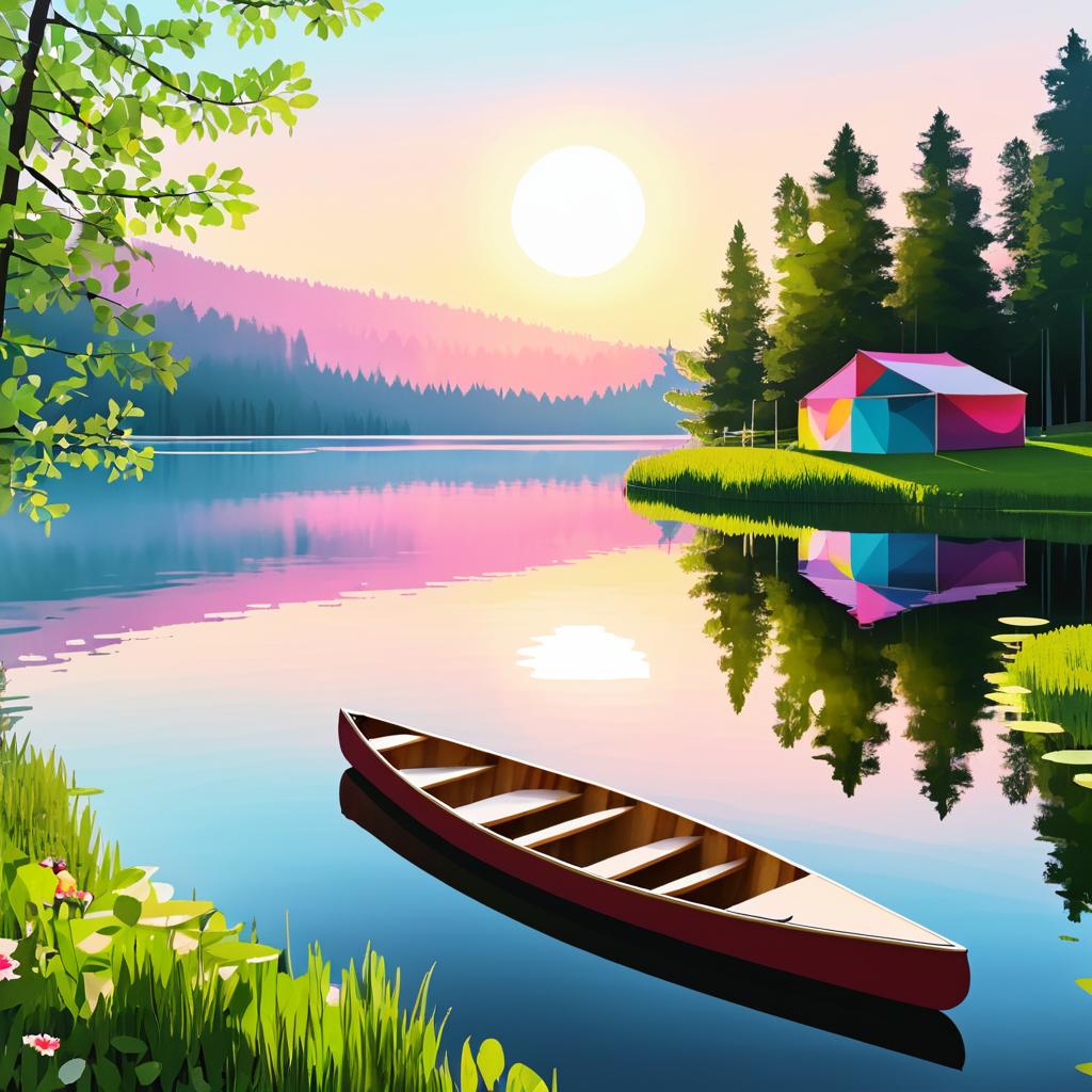 Serene Sunrise with Canoe and Textile Art