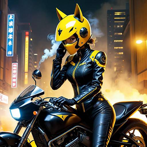 Woman in Yellow Helmet on Motorcycle at Night