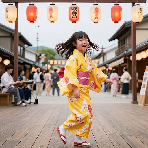 Photograph of a joyful Asian girl in a yellow floral kimono, red obi, and red geta, dancing under red lanterns in a