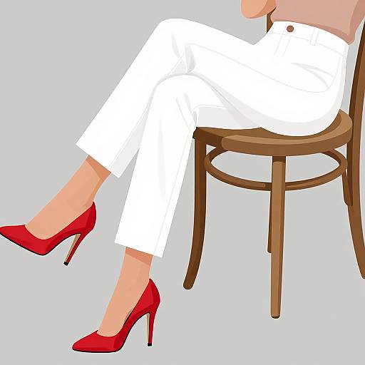 Digital illustration of a person sitting on a wooden chair, wearing white pants, red high heels, and a light-colored top.