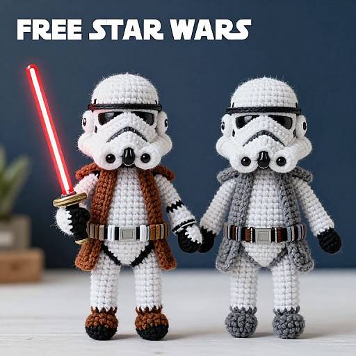 Photograph of two crocheted Stormtroopers; one with red lightsaber, both holding hands, against a blue background, text 