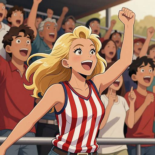 Anime-style digital illustration of a blonde, fair-skinned woman with a red-and-white striped tank top, cheering with raised arm, surrounded by excited spectators